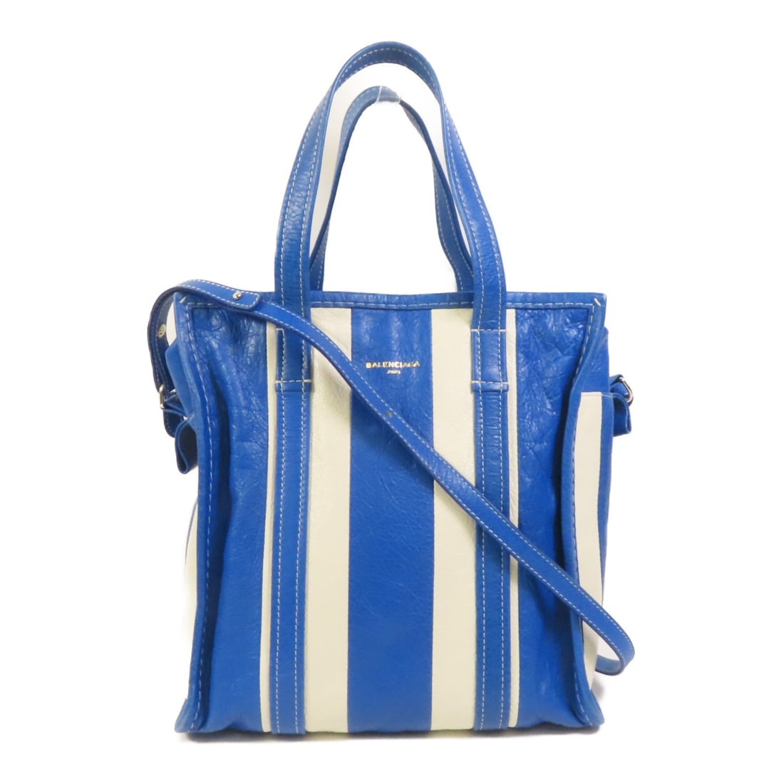 Balenciaga Bazaar Shopper White and Blue Calfskin Leather Shoulder Bag SHW: Balenciaga Bazaar Shopper White and Blue Calfskin Leather Shoulder Bag SHW This Balenciaga Bazaar Shopper 2way shoulder bag features a stylish combination of white and blue calfskin leather. Designed