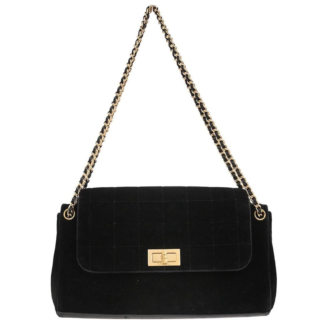 Chanel Velvet Chocolate Bar Quilted Chain Shoulder Bag with Mademoiselle Lock: Chanel Velvet Chocolate Bar Quilted Chain Shoulder Bag with Mademoiselle Lock This Chanel Chocolate Bar Mademoiselle Lock Chain Bag features a quilted velvet exterior in black, complemented by a chain