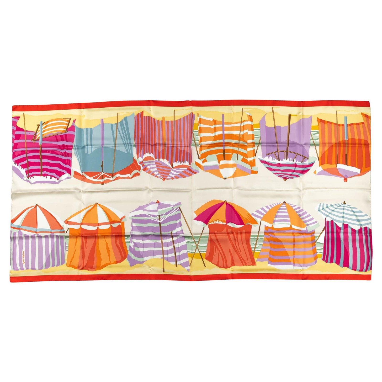 Hermes Silk Beach Cabanas Stole 69x35 Hand Rolled Edges: Hermes Silk Beach Cabanas Stole 69x35 Hand Rolled Edges This exquisite Hermes Silk Beach Cabanas Stole is a stunning addition to any wardrobe. Crafted from luxurious silk, it features a vibrant design
