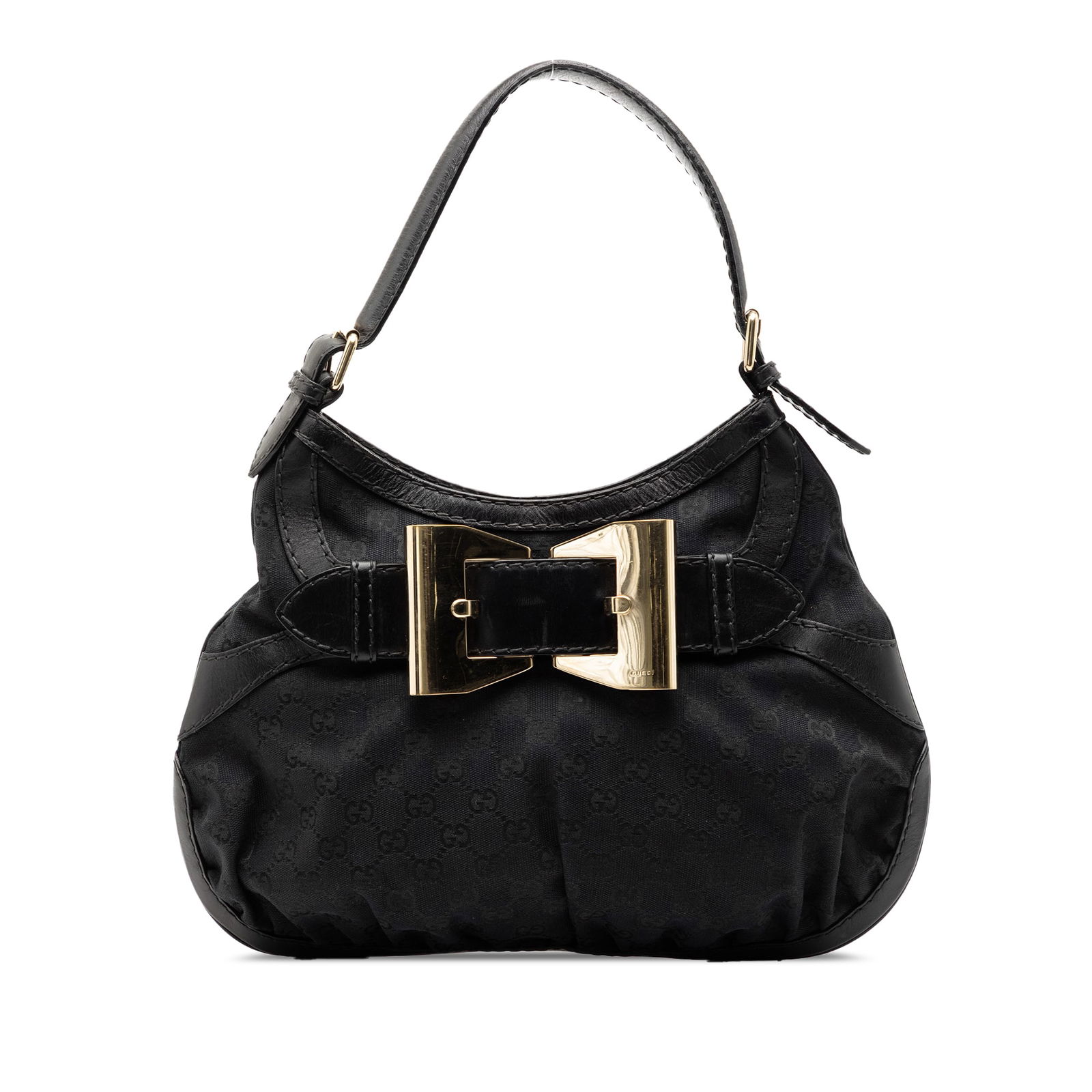 Gucci Dialux Queen Hobo Bag in GG Canvas and Leather Trim: Gucci Dialux Queen Hobo Bag in GG Canvas and Leather Trim This Gucci GG Canvas Dialux Queen Hobo bag features a black canvas body with leather trim, a flat leather strap, an open top with a magnetic s