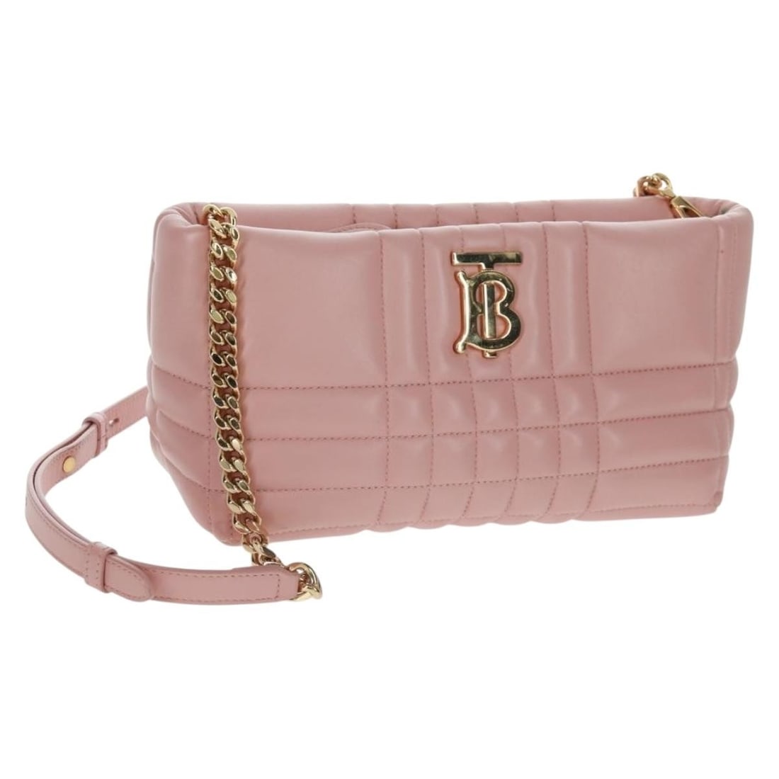 Pink Leather Burberry BT Quilted Shoulder Bag with Chain Strap and Dust Bag: Pink Leather Burberry BT Quilted Shoulder Bag with Chain Strap and Dust Bag This Burberry BT quilted chain shoulder bag is crafted from pink leather with gold-tone accents. The bag features a quilted