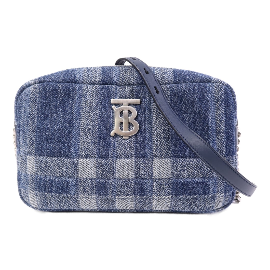 Blue Canvas Burberry Chain Shoulder Bag Model 8049111: Blue Canvas Burberry Chain Shoulder Bag Model 8049111 This Burberry shoulder bag features a blue cotton canvas exterior and a silver-tone chain shoulder strap. The bag is crafted in the United Kingdom