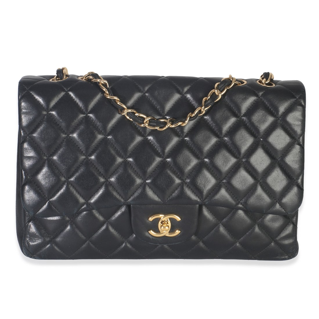 Jumbo Quilted Black Lambskin Shoulder Bag by Chanel with Dustbag: Jumbo Quilted Black Lambskin Shoulder Bag by Chanel with Dustbag This Chanel Jumbo Single Flap Bag features a classic black quilted lambskin leather exterior complemented by gold-tone hardware and a r