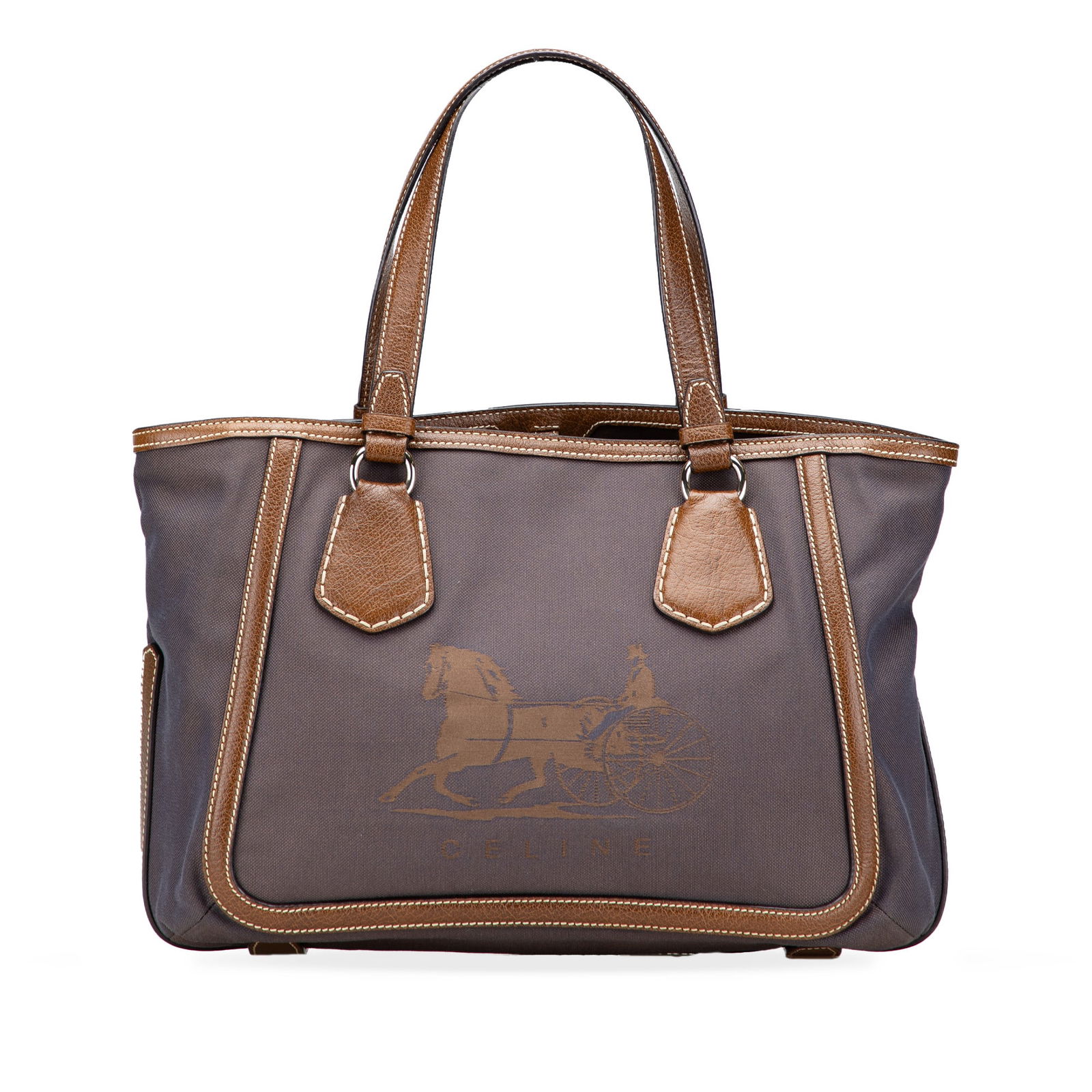 Celine Canvas Carriage Tote Brown Leather Trim Elegant Bag: Celine Canvas Carriage Tote Brown Leather Trim Elegant Bag Introducing the Celine Canvas Carriage Tote, a sophisticated blend of functionality and style. This tote bag is crafted from durable canvas w