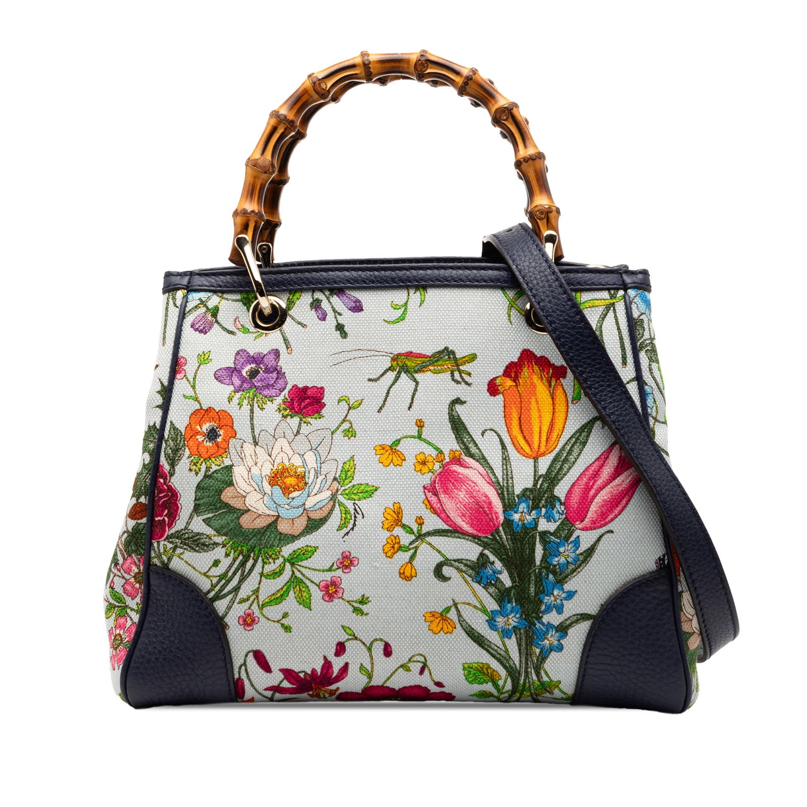 Gucci Flora Bamboo Shopper Small Canvas Satchel with Leather Trim: Gucci Flora Bamboo Shopper Small Canvas Satchel with Leather Trim This Gucci Small Canvas Flora Bamboo Shopper Satchel showcases a printed canvas body with leather trim, distinctive bamboo top handles
