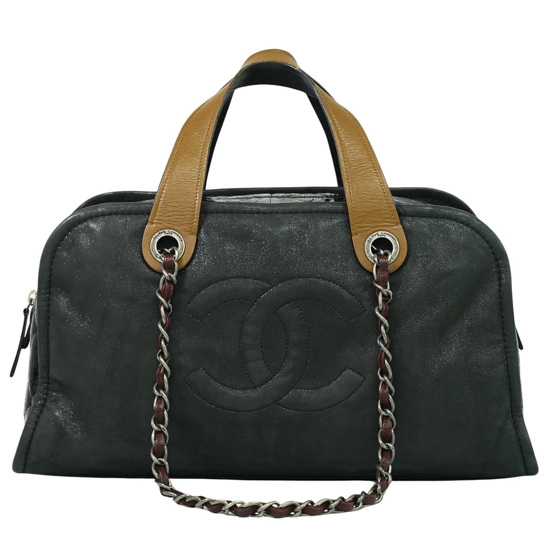 Chanel In the Mix Timeless Bowler Black Leather Iridescent Quilted Handbag: Chanel In the Mix Timeless Bowler Black Leather Iridescent Quilted Handbag This Chanel In the Mix Timeless Bowler Bag features iridescent calfskin combined with quilted glazed calfskin leather in blac