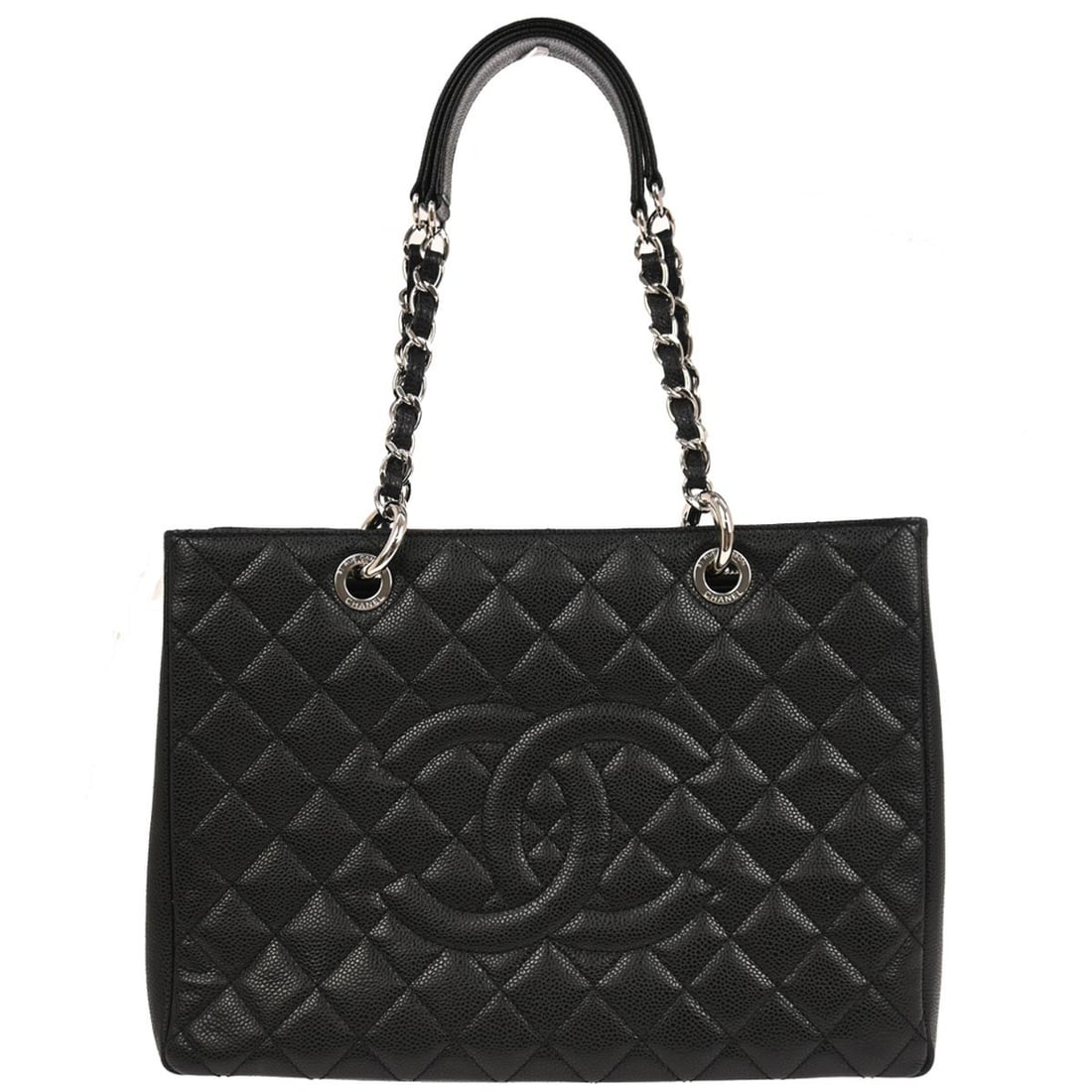 Black Leather Chanel GST Tote with Chain Handles: Black Leather Chanel GST Tote with Chain Handles This Chanel Grand Shopping Tote (GST) is crafted from black calfskin leather and features the signature chain and leather double handles. The bag is de