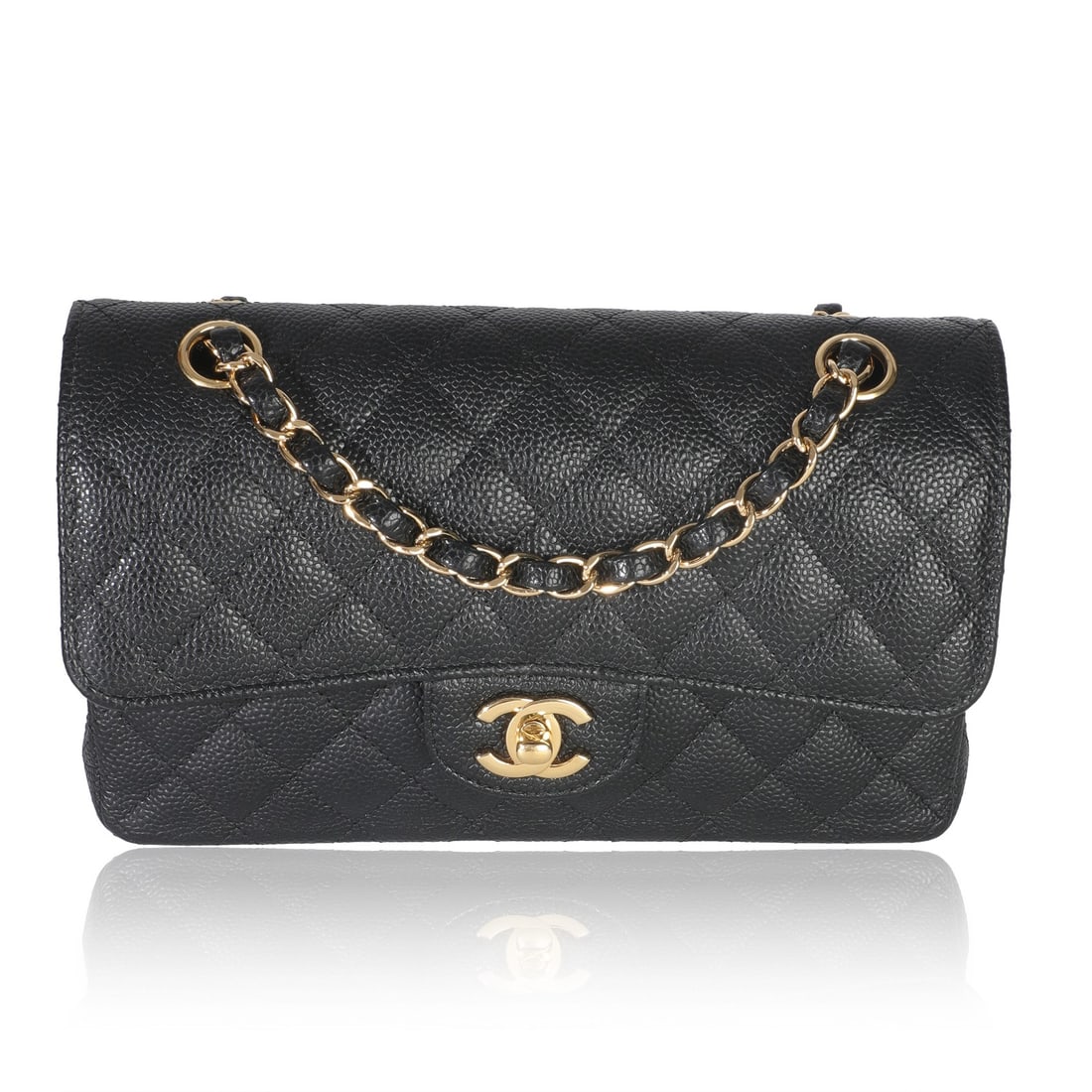 Small Black Caviar Leather Classic Double Flap Shoulder Bag by Chanel: Small Black Caviar Leather Classic Double Flap Shoulder Bag by Chanel This Chanel Small Classic Double Flap Handbag features black quilted caviar leather with a turnlock closure and gold-tone hardware
