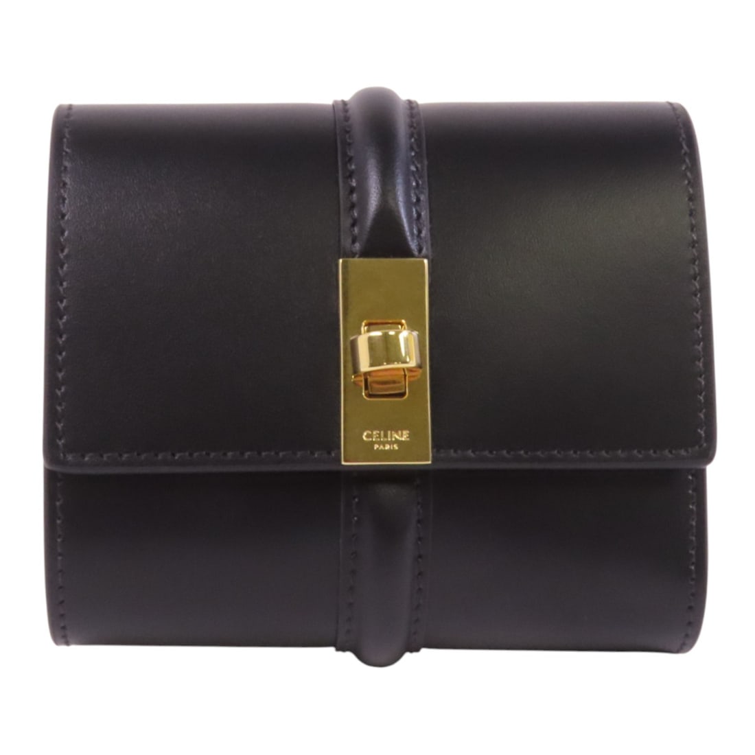 CELINE Black Calfskin GHW 16 Tri-fold Wallet Made in France: CELINE Black Calfskin GHW 16 Tri-fold Wallet Made in France Elevate your accessory collection with this exquisite CELINE GHW 16 Trifold Wallet. Crafted from high-quality black calfskin leather, this t