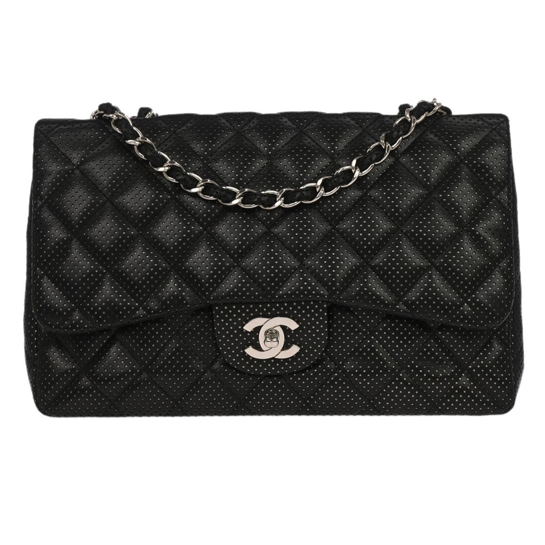 Classic Flap Jumbo Black Perforated Lambskin Shoulder Bag by Chanel: Classic Flap Jumbo Black Perforated Lambskin Shoulder Bag by Chanel This Chanel Jumbo Classic Flap Shoulder Bag features black perforated lambskin leather with a quilted matelasse pattern. The bag is
