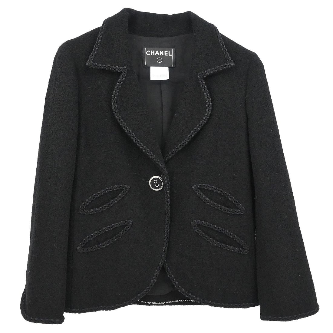 Chanel Black Wool Blend Single Breasted Mid-Length Jacket Size 38: Chanel Black Wool Blend Single Breasted Mid-Length Jacket Size 38 This Chanel single-breasted jacket features a mid-length design crafted from a luxurious blend of wool, nylon, and silk. It has long s