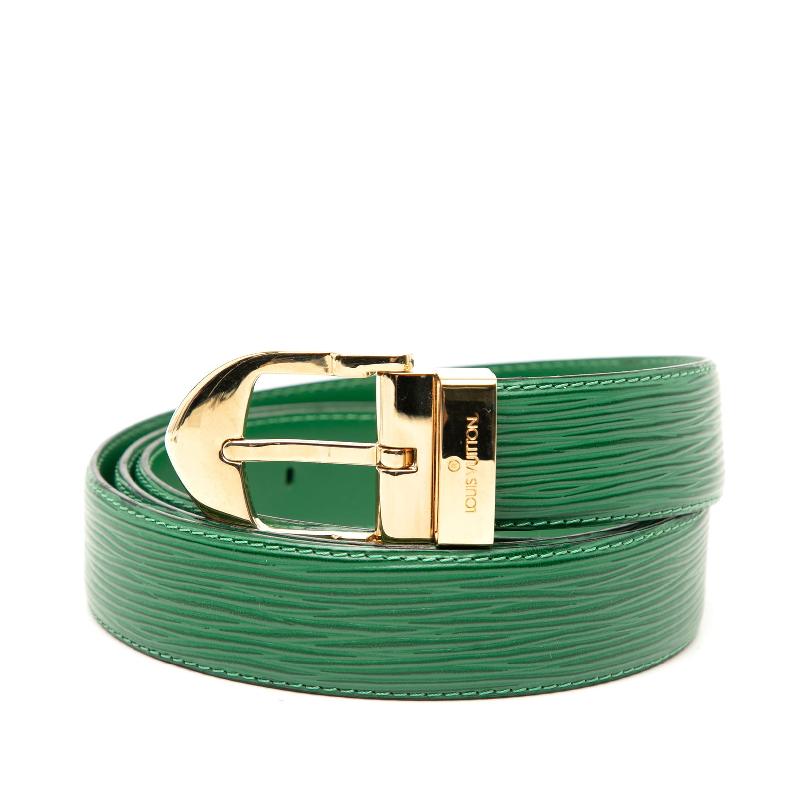 Epi Leather Waist Belt by Louis Vuitton in Green: Epi Leather Waist Belt by Louis Vuitton in Green This Louis Vuitton Epi Ceinture Belt features a green epi leather waist strap and a buckle closure. Made in France, it showcases a classic accessory st