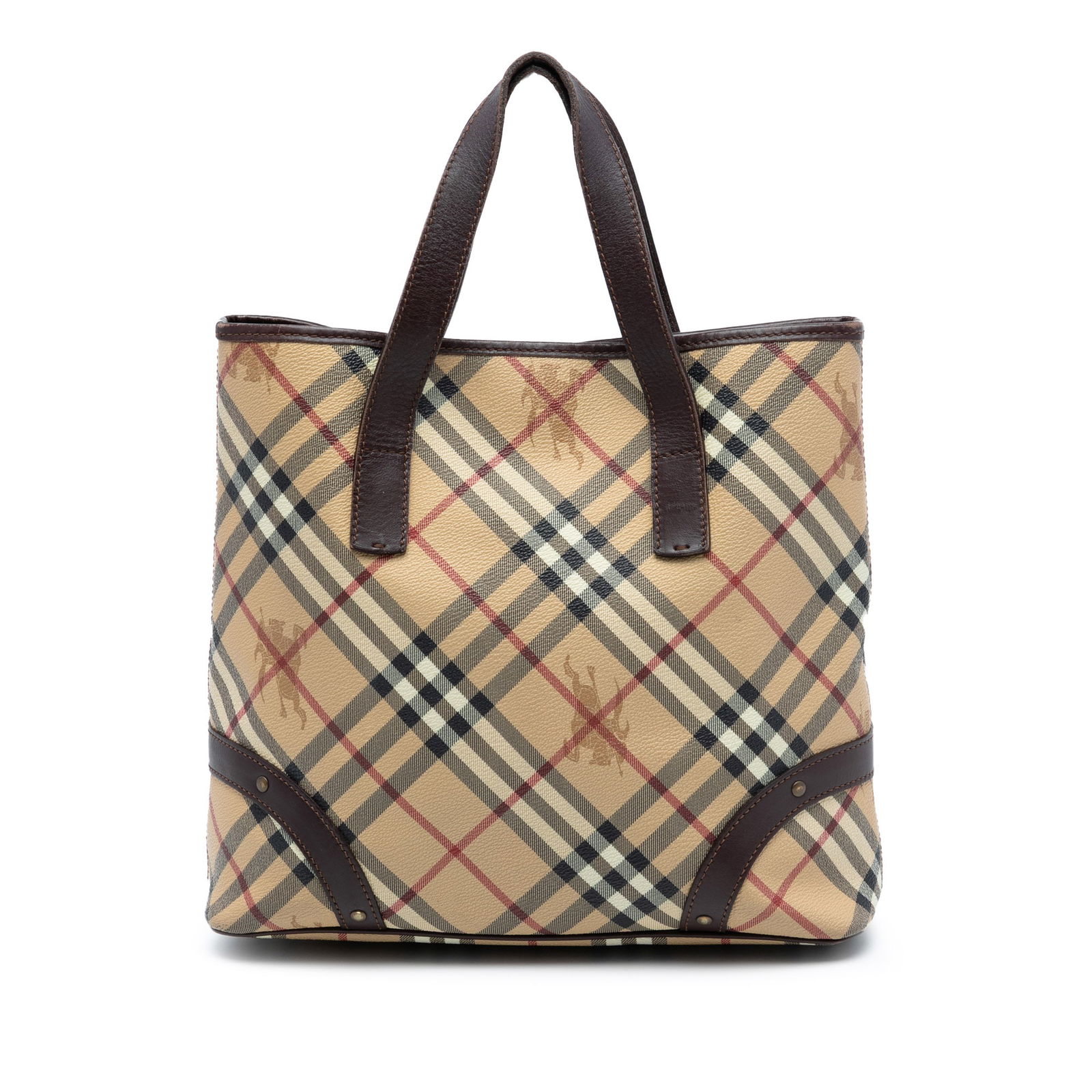 Burberry Tote Bag Haymarket Check Coated Canvas With Leather Trim: Burberry Tote Bag Haymarket Check Coated Canvas With Leather Trim This Burberry Haymarket Check tote features a coated canvas body with leather trim, flat leather handles, an open top with magnetic sn