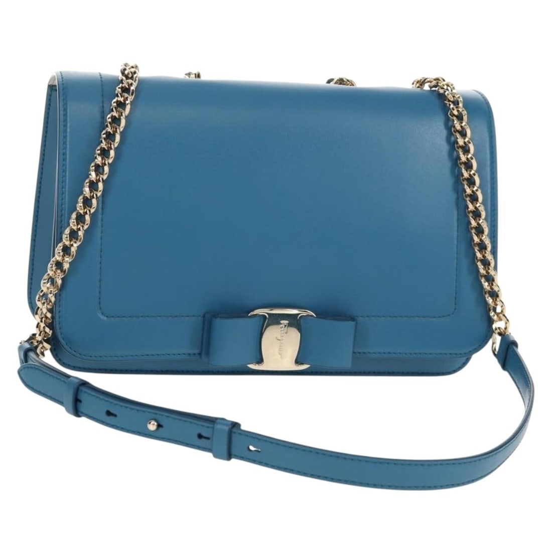 Salvatore Ferragamo Vala Chain Blue Leather Shoulder Bag with Gold Details: Salvatore Ferragamo Vala Chain Blue Leather Shoulder Bag with Gold Details This Salvatore Ferragamo Vala Chain Vala shoulder bag is crafted from blue leather with gold-tone accents. Made in Italy, it