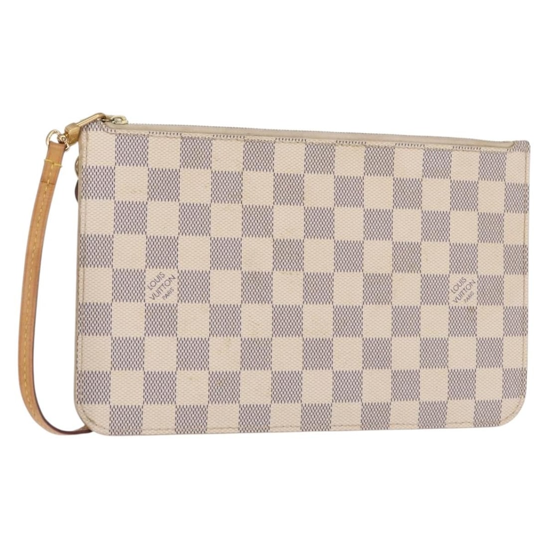 Louis Vuitton Damier Canvas Neverfull Pochette White 24cm x 15cm x 24cm: Louis Vuitton Damier Canvas Neverfull Pochette White 24cm x 15cm x 24cm This Louis Vuitton Neverfull Pochette in Damier canvas features a white color and a compact design ideal for female users. The p