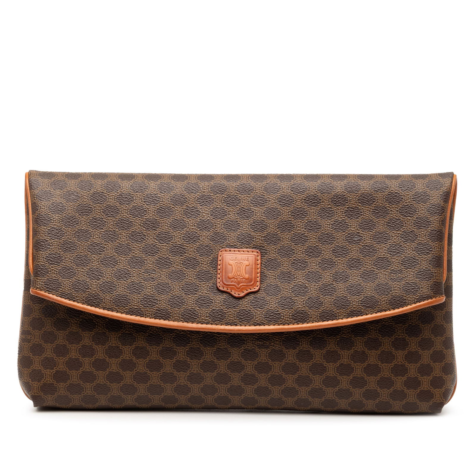 Celine Brown Macadam Pattern Canvas Fold Over Clutch with Leather Trim: Celine Brown Macadam Pattern Canvas Fold Over Clutch with Leather Trim This Celine Macadam clutch features a coated canvas exterior with leather trim, a fold-over top with magnetic snap closure, and a