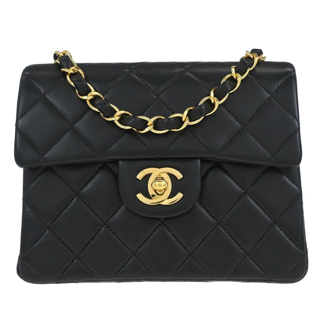 Mini Black Lambskin Square Flap Classic Shoulder Bag with Chain Strap: Mini Black Lambskin Square Flap Classic Shoulder Bag with Chain Strap This Chanel Mini Classic Square Flap Shoulder Bag features black matelasse quilted lambskin leather with a flap turnlock closure a