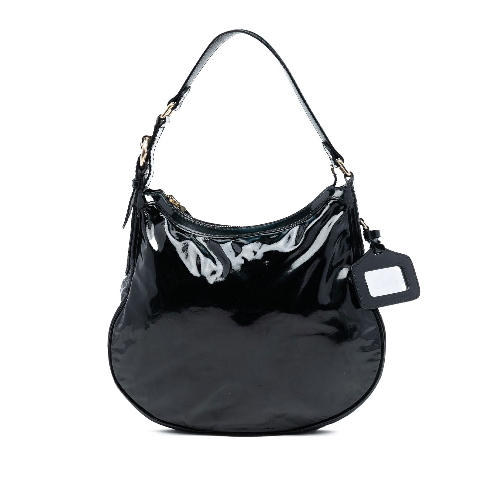 Black Patent Leather Shoulder Purse by Gucci with Flat Strap: Black Patent Leather Shoulder Purse by Gucci with Flat Strap This Gucci Patent Shoulder Bag features a black patent leather body with a flat leather strap and a top zip closure. The bag includes an in