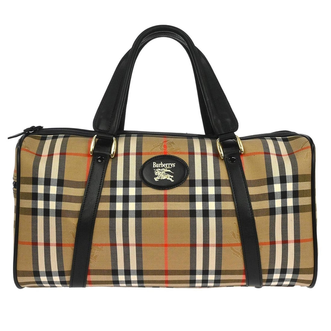 Burberrys House Check Beige Canvas Leather Medium Top Handle Bag: Burberrys House Check Beige Canvas Leather Medium Top Handle Bag This Burberrys handbag features the iconic House Check pattern in beige, crafted from a combination of canvas and leather. Designed wit