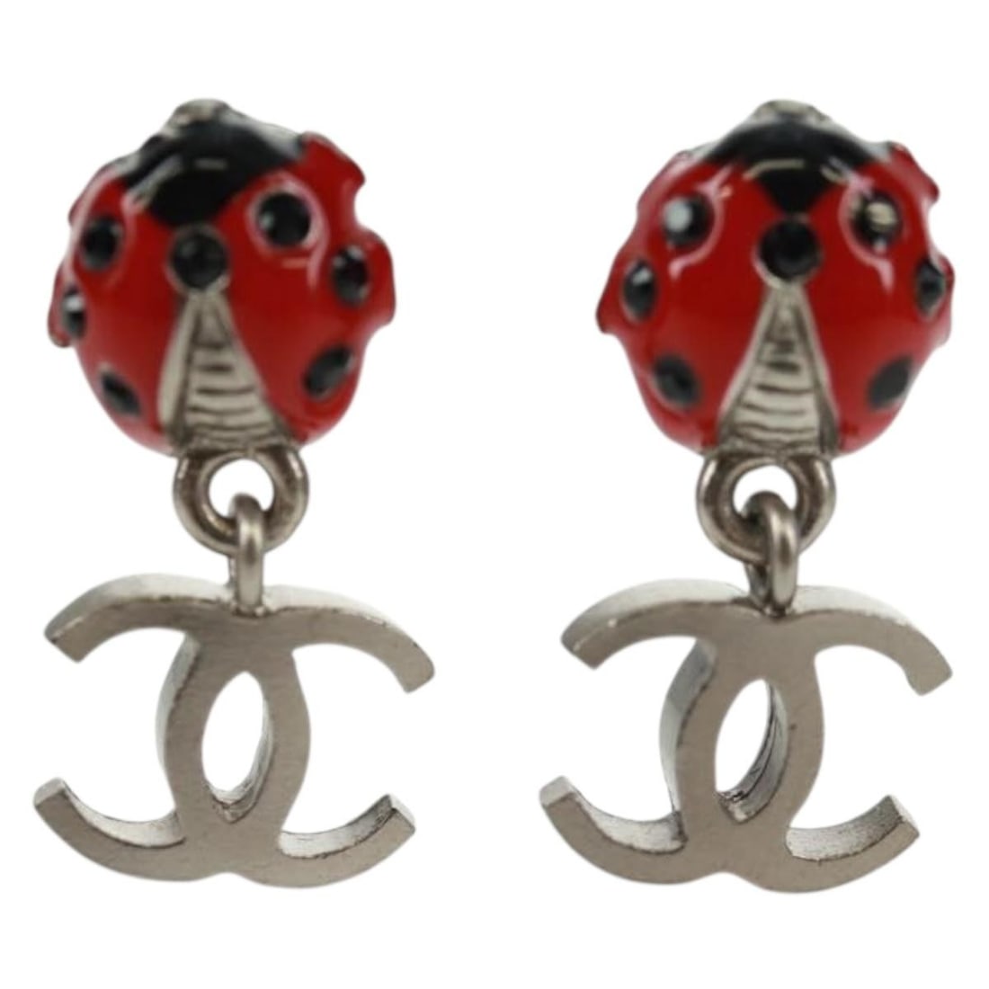 Silver Tone CHANEL Ladybug Motif CC Logo Metal Earrings with Box: Silver Tone CHANEL Ladybug Motif CC Logo Metal Earrings with Box These CHANEL ladybug COCO Mark pierced earrings feature a silver tone metal design with the iconic CC logo. Crafted in France, they com