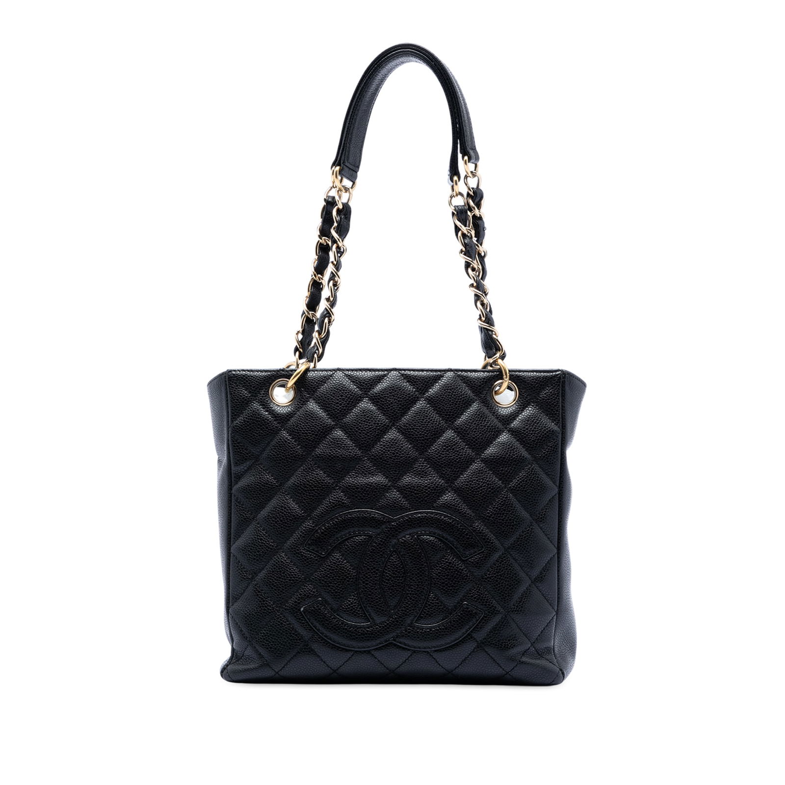 Chanel Black Caviar Leather Petite Shopping Tote Shoulder Bag: Chanel Black Caviar Leather Petite Shopping Tote Shoulder Bag This Chanel Caviar Petite Shopping Tote is crafted from durable caviar leather and features leather-woven chain link shoulder straps with