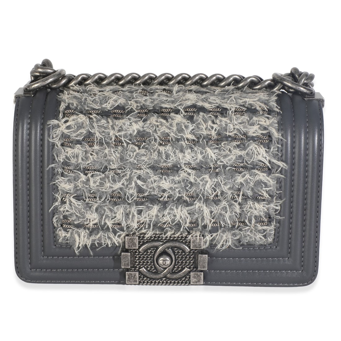 Chanel Grey Tweed Black Calfskin Small Boy Bag 2016: Chanel Grey Tweed Black Calfskin Small Boy Bag 2016 This Chanel Small Boy Bag showcases a sophisticated grey tweed exterior paired with black calfskin accents. Designed for versatility, it features a