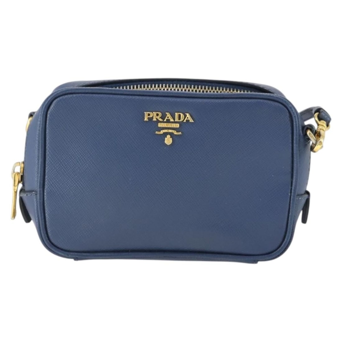 Navy Saffiano Leather Prada Zip Crossbody Purse: Navy Saffiano Leather Prada Zip Crossbody Purse This Prada Zip Crossbody Bag is crafted from navy Saffiano leather and designed for women. It features a compact silhouette with a zip closure and a sho