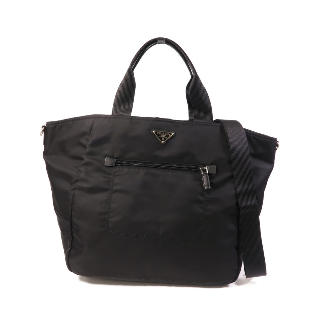Black Nylon 2-Way PRADA Shoulder Bag BR4376 with Silver Hardware: Black Nylon 2-Way PRADA Shoulder Bag BR4376 with Silver Hardware This Prada 2-way shoulder bag features a sleek black nylon exterior and offers versatile carrying options. Crafted in Italy, it showcas