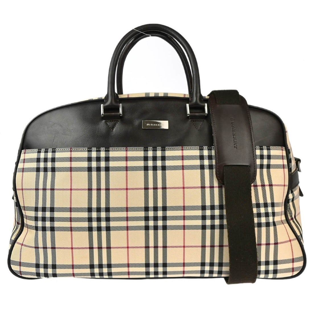 Burberry Check Beige Canvas Leather 2way Handbag with Inner Pockets: Burberry Check Beige Canvas Leather 2way Handbag with Inner Pockets This stylish Burberry Check 2way Handbag combines functionality with a classic design. Made from a durable canvas leather exterior i