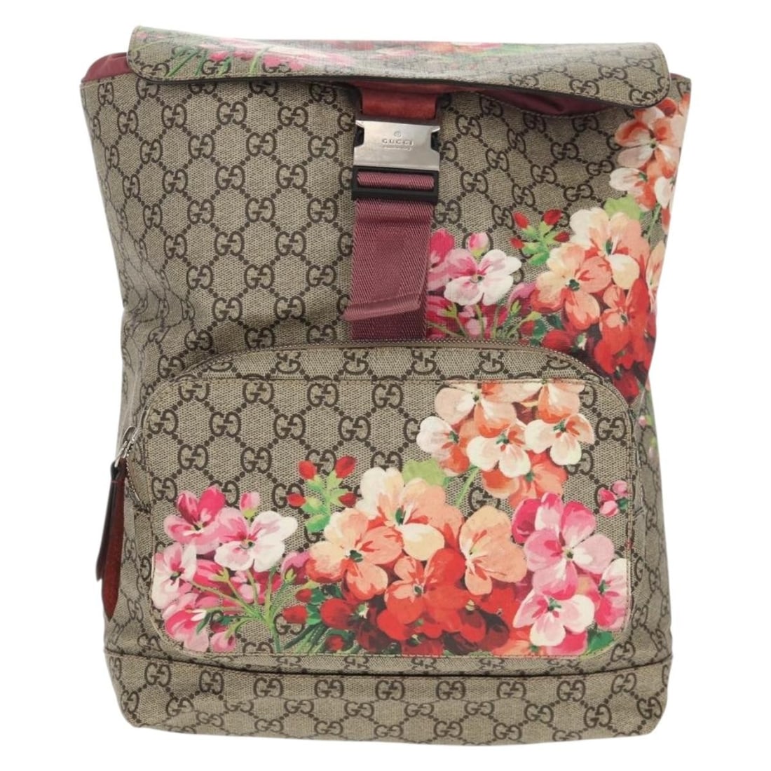 GG Coated Canvas Backpack with Blooms Print by Gucci: GG Coated Canvas Backpack with Blooms Print by Gucci This Gucci Buckle Backpack for women features a beige blooms print on GG coated canvas. It offers a stylish and functional design with durable mate