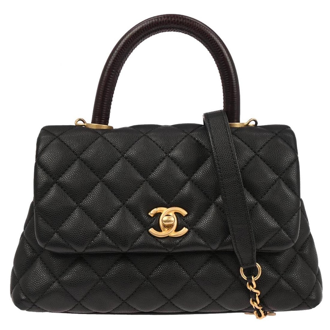 Coco Handle Black Leather Medium Top Handle Bag by Chanel: Coco Handle Black Leather Medium Top Handle Bag by Chanel This Chanel Coco Handle 2way handbag is crafted from black calfskin leather with a caviar texture. It features a top handle design with a turn