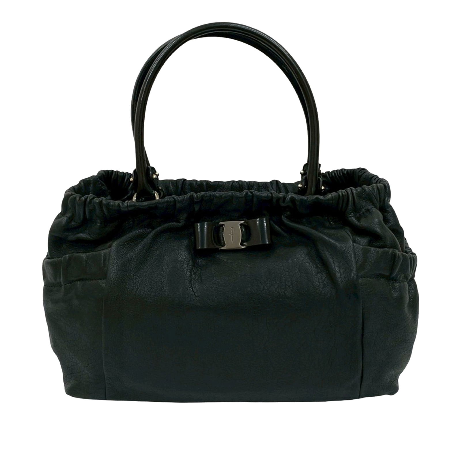 Black Leather Vara Bow Satchel by Ferragamo: Black Leather Vara Bow Satchel by Ferragamo This Ferragamo Vara Bow handbag features a black leather body with rolled leather handles and a top magnetic snap button closure. It includes an interior zi