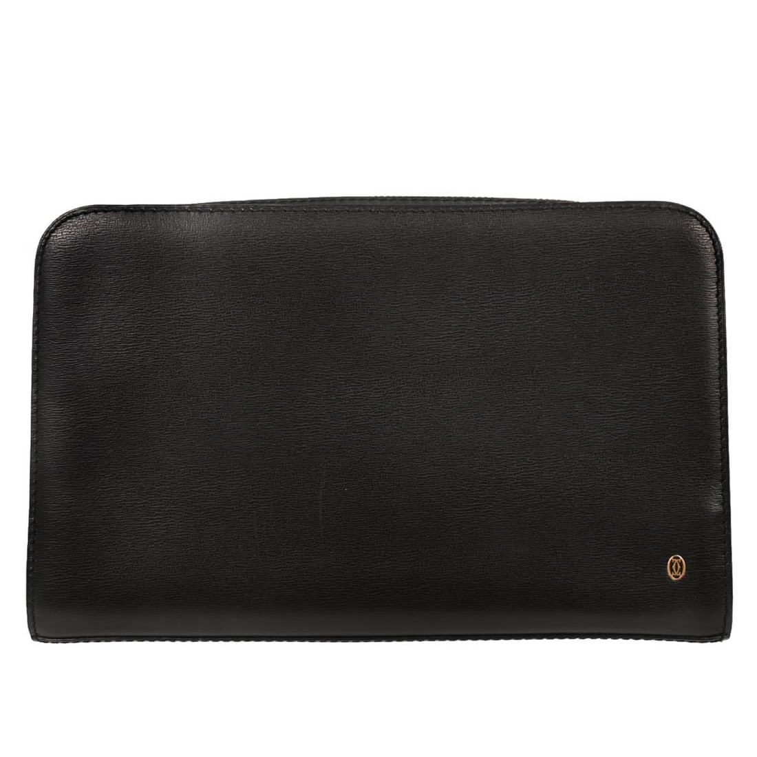 Black Leather Small Clutch by Cartier with Logo Accent: Black Leather Small Clutch by Cartier with Logo Accent This vintage Cartier clutch bag features black leather exterior with a canvas lining. Designed in a small size, it includes a zipper closure, sub