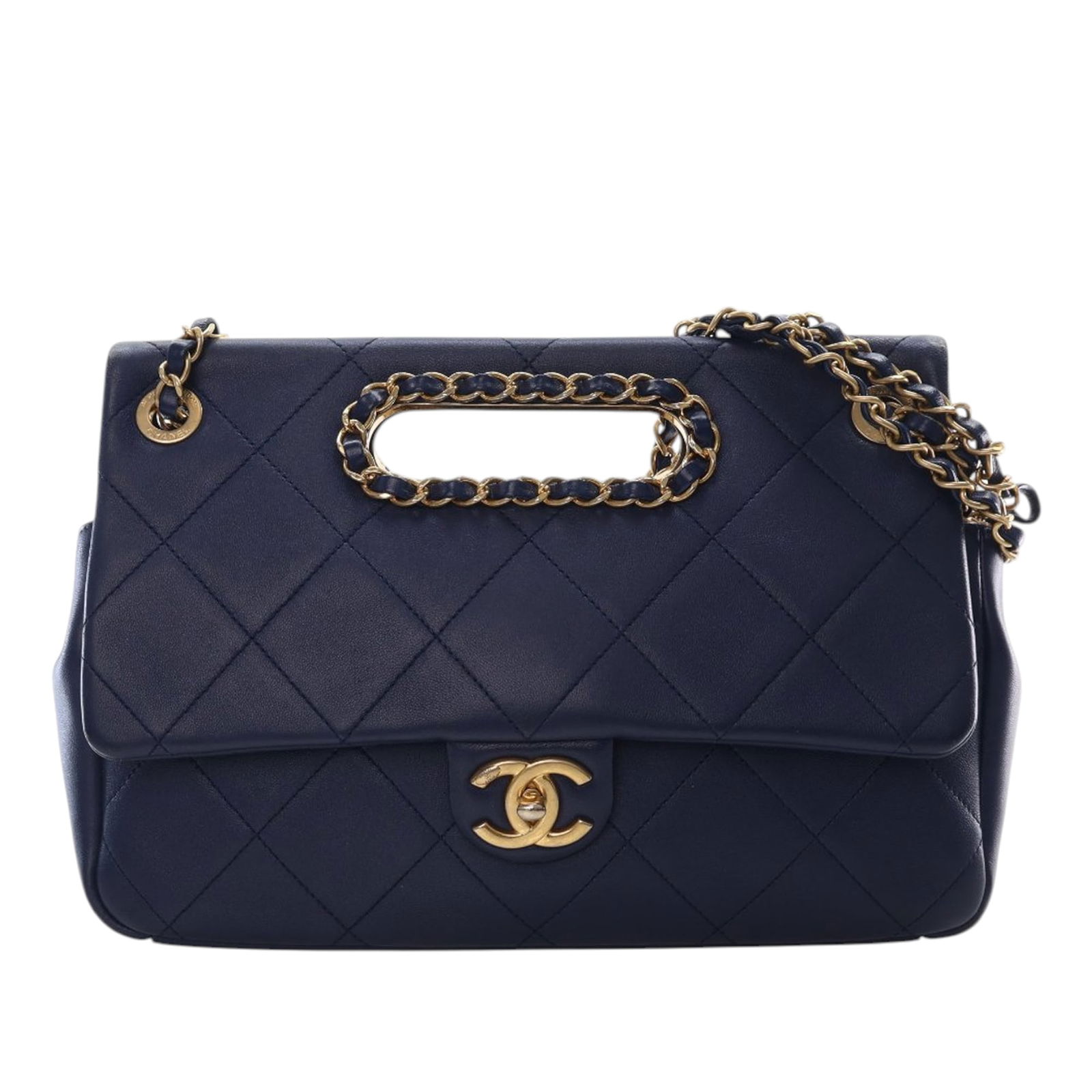 Chanel A Real Catch Flap Quilted Lambskin Blue Satchel with Chain Handle (1 of 15)