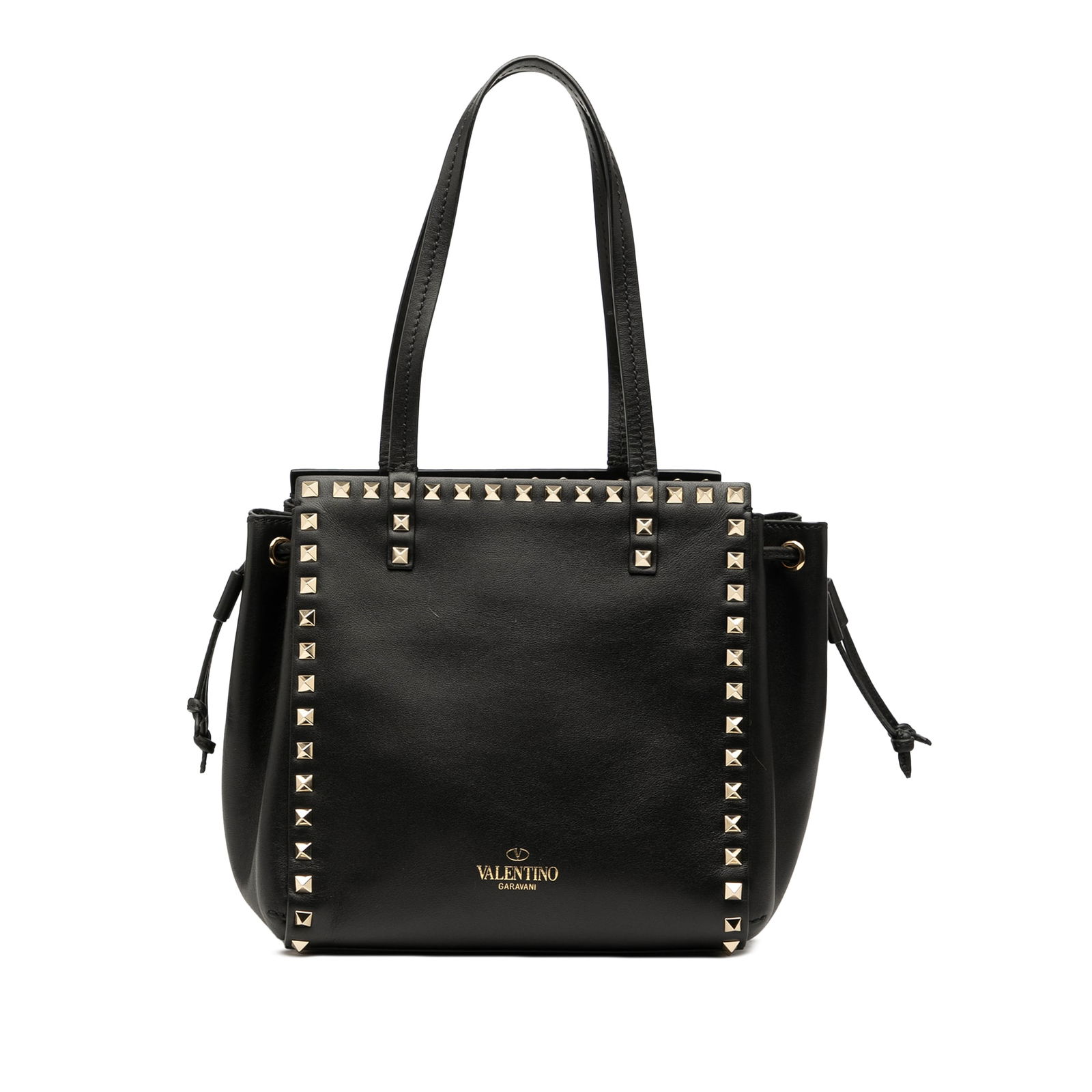 Valentino Black Leather Rockstud Drawstring Tote with Studs: Valentino Black Leather Rockstud Drawstring Tote with Studs Elevate your accessory collection with this Valentino Leather Rockstud Drawstring Tote. This stylish tote boasts a premium leather construct