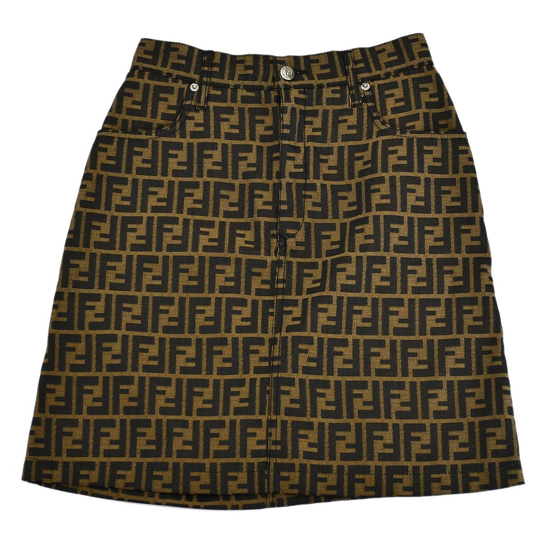 Fendi Knee-Length Brown Zucca Pattern A-Line Skirt Size 44: Fendi Knee-Length Brown Zucca Pattern A-Line Skirt Size 44 This vintage Fendi skirt features the iconic Zucca pattern in brown and black. Designed in an A-line silhouette, it is crafted from a blend o