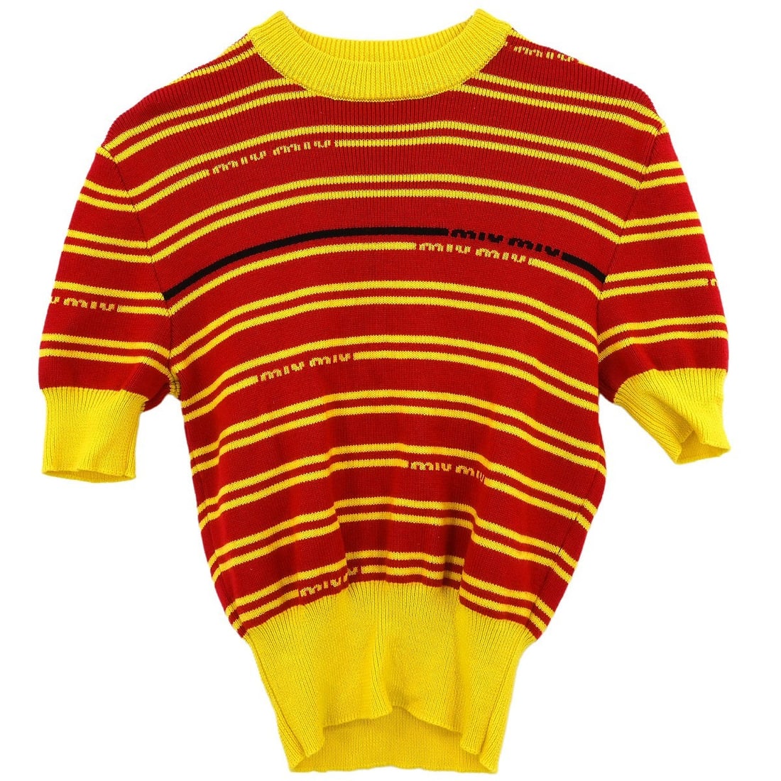 Miu Miu Vintage Wool Sweater Yellow Red Short Sleeve 2019: Miu Miu Vintage Wool Sweater Yellow Red Short Sleeve 2019 This vintage Miu Miu sweater features a vibrant yellow and red color scheme, perfect for casual occasions. Crafted from 100% wool, it offers w
