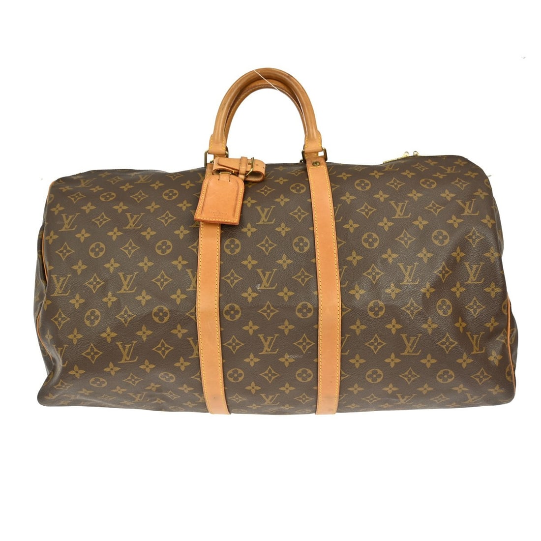 Keepall 55 Monogram Canvas Travel Handbag by Louis Vuitton: Keepall 55 Monogram Canvas Travel Handbag by Louis Vuitton This Louis Vuitton Keepall 55 travel bag features the signature Monogram canvas in brown and is designed for women. It is pre-owned and displ