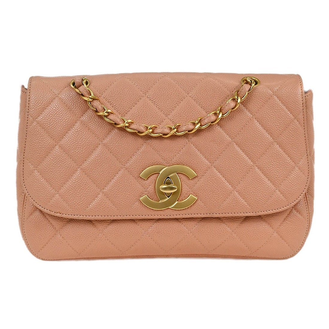Pink Calfskin Medium Shoulder Bag by Chanel: Pink Calfskin Medium Shoulder Bag by Chanel This Chanel shoulder bag features pink calfskin leather with a medium-sized silhouette. Designed with a turn lock closure and a versatile shoulder strap, it