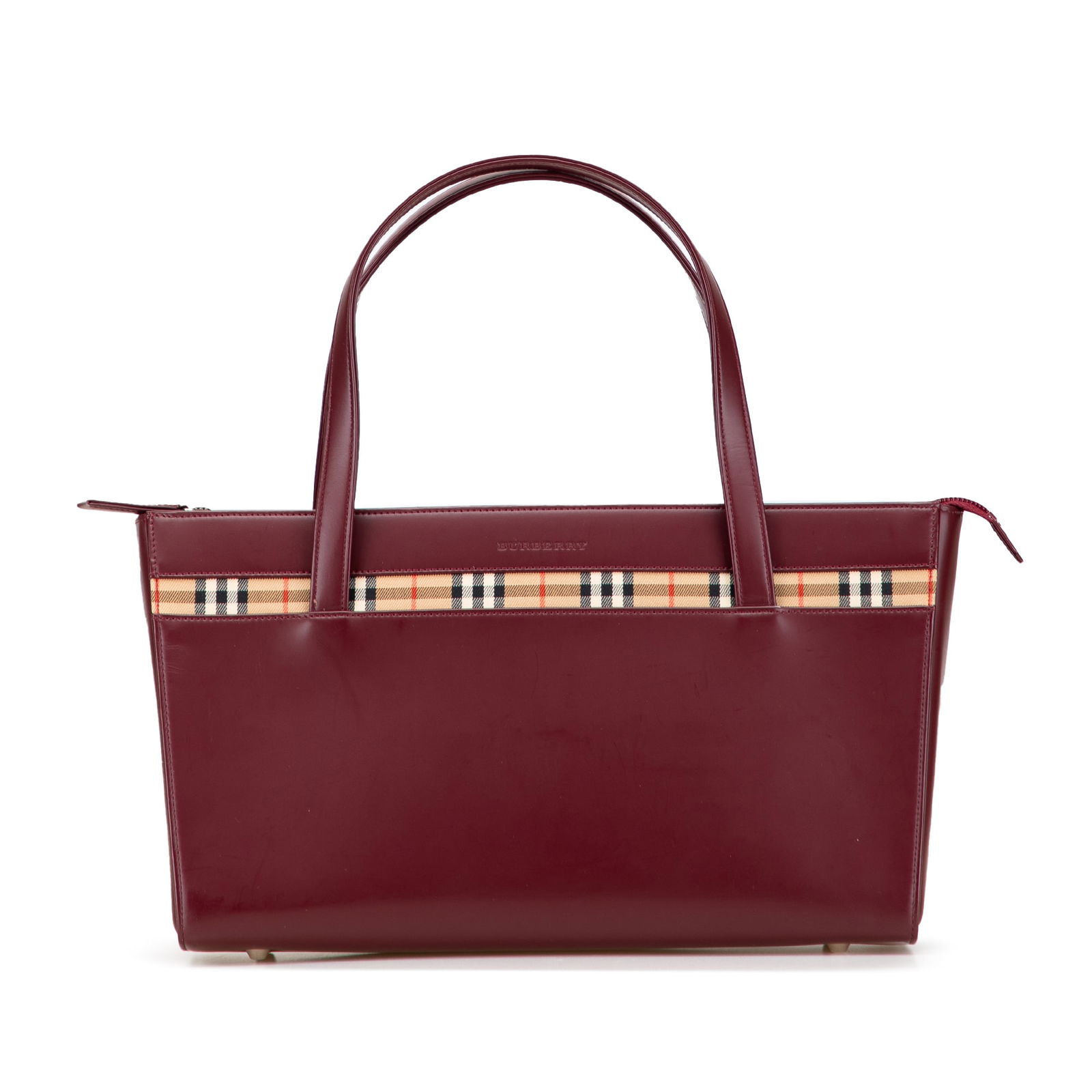 Burberry House Check Leather Handbag Red UK Design: Burberry House Check Leather Handbag Red UK Design This Burberry handbag showcases an elegant leather body adorned with the iconic house check canvas trim. It features flat leather handles for comfort