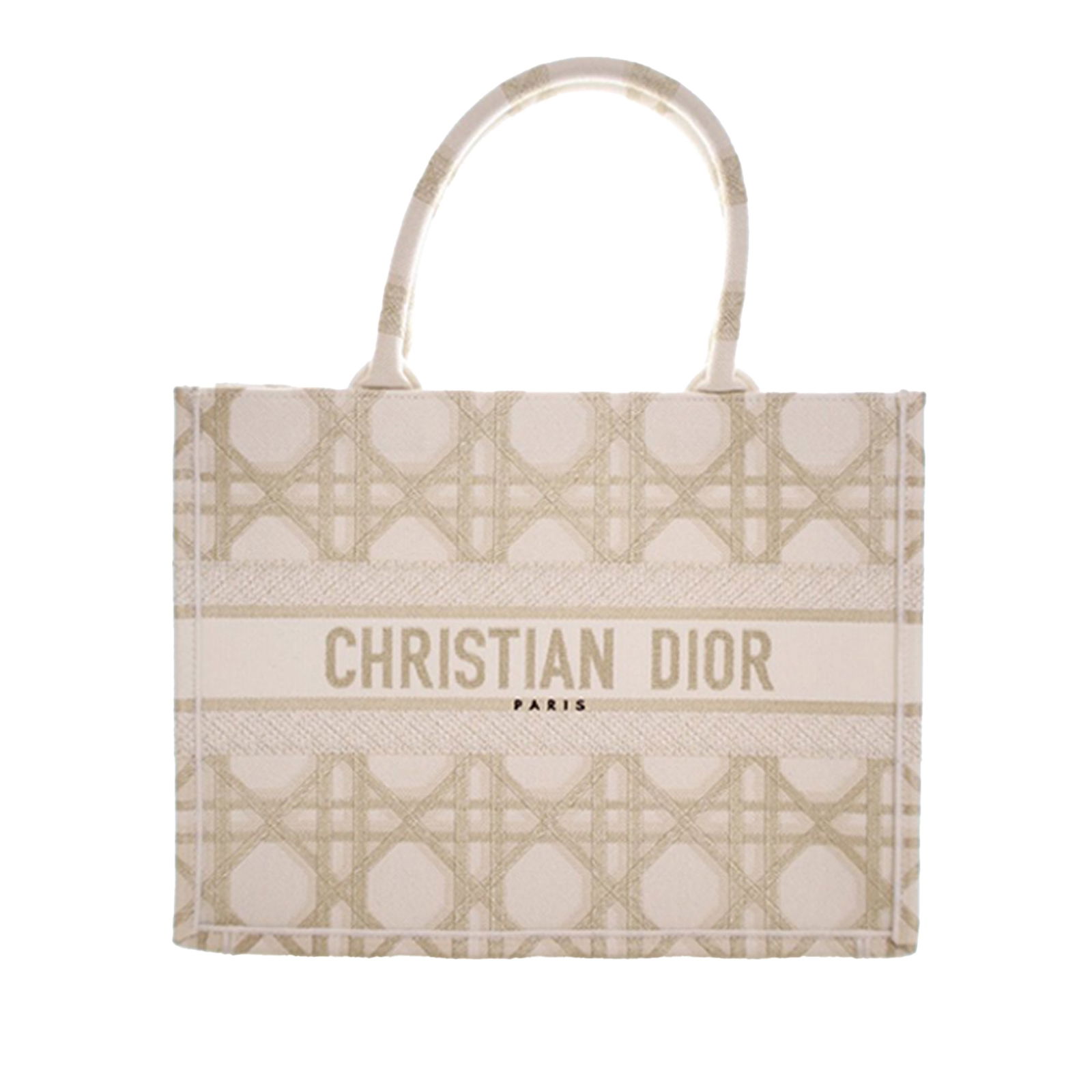 Medium Cannage Embroidered Canvas Book Tote by Dior: Medium Cannage Embroidered Canvas Book Tote by Dior This Dior Medium Embroidered Canvas Cannage Book Tote showcases an elegant brown embroidered canvas exterior with rolled handles and an open top des
