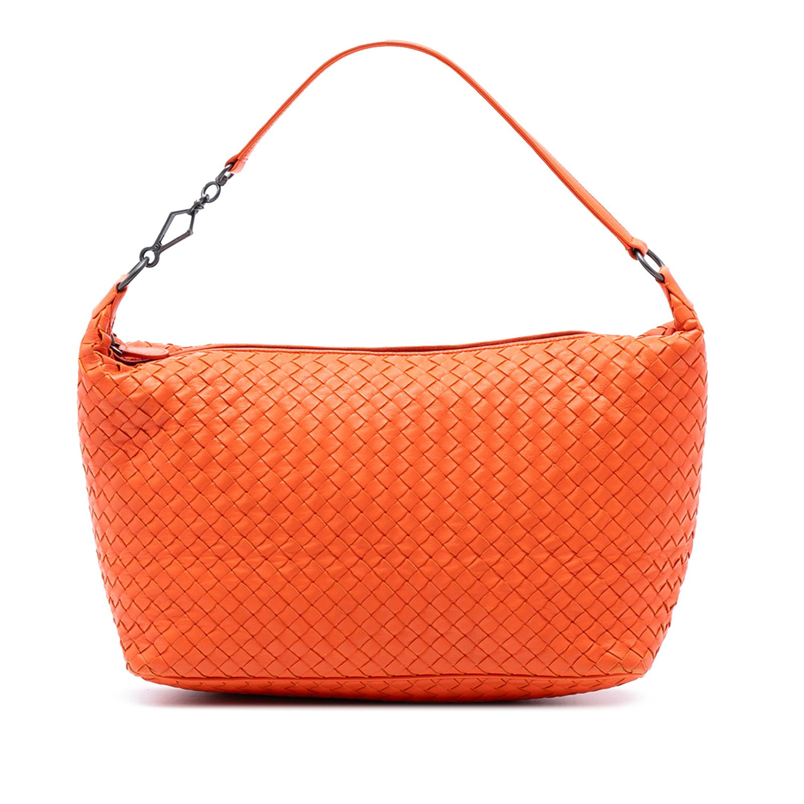 Orange Bottega Veneta Nappa Intrecciato Woven Leather Shoulder Bag: Orange Bottega Veneta Nappa Intrecciato Woven Leather Shoulder Bag This Bottega Veneta Nappa Intrecciato Shoulder Bag features a distinctive woven leather design in orange, complemented by a flat leat
