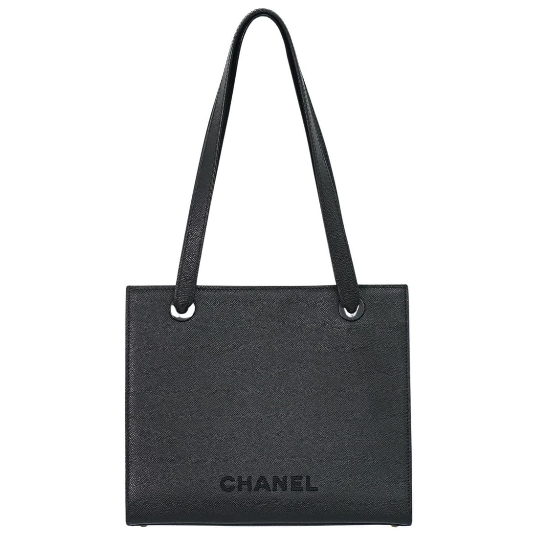 Black Leather Chanel Vintage Logo Handbag 29cm by 24cm by 10cm: Black Leather Chanel Vintage Logo Handbag 29cm by 24cm by 10cm This Chanel Vintage Logo Tote for women features black leather construction with a classic design. It shows signs of use including minor