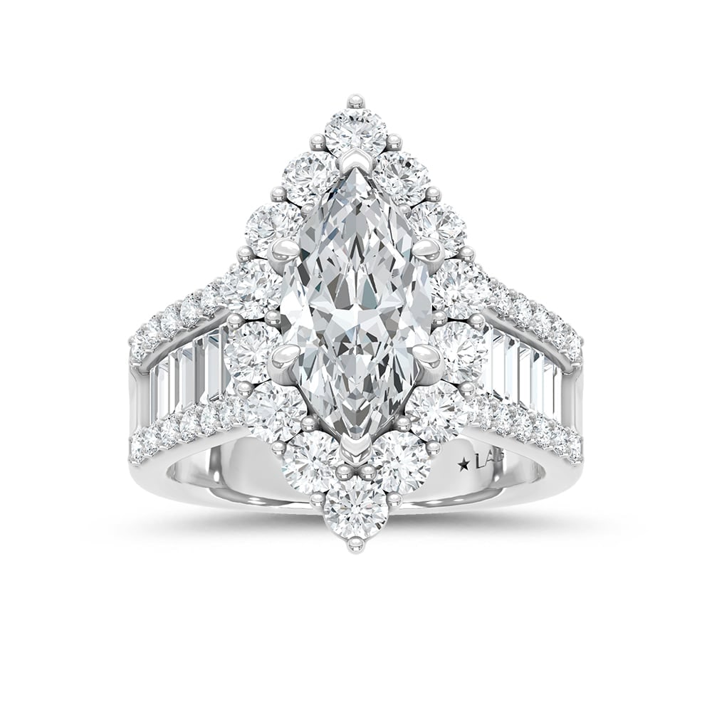 14K White Gold Lab Grown Round Shape Diamond 4 3/8 Ct.Tw. Halo Engagement Ring: 14K White Gold Lab Grown Round Shape Diamond 4 3/8 Ct.Tw. Halo Engagement Ring Celebrate your forever moment with the timeless brilliance of our Halo Diamond Engagement Ring. This exquisite piece feat