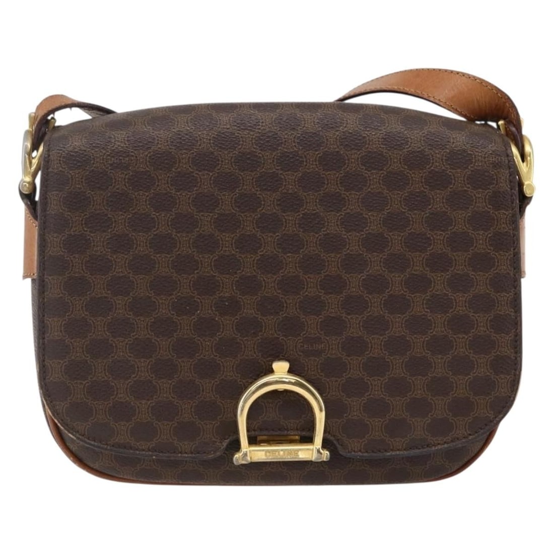 Vintage Macadam Canvas and Leather Shoulder Bag by Celine: Vintage Macadam Canvas and Leather Shoulder Bag by Celine This vintage Celine Macadam shoulder bag for women features a brown canvas body complemented by leather accents. It displays signs of wear inc