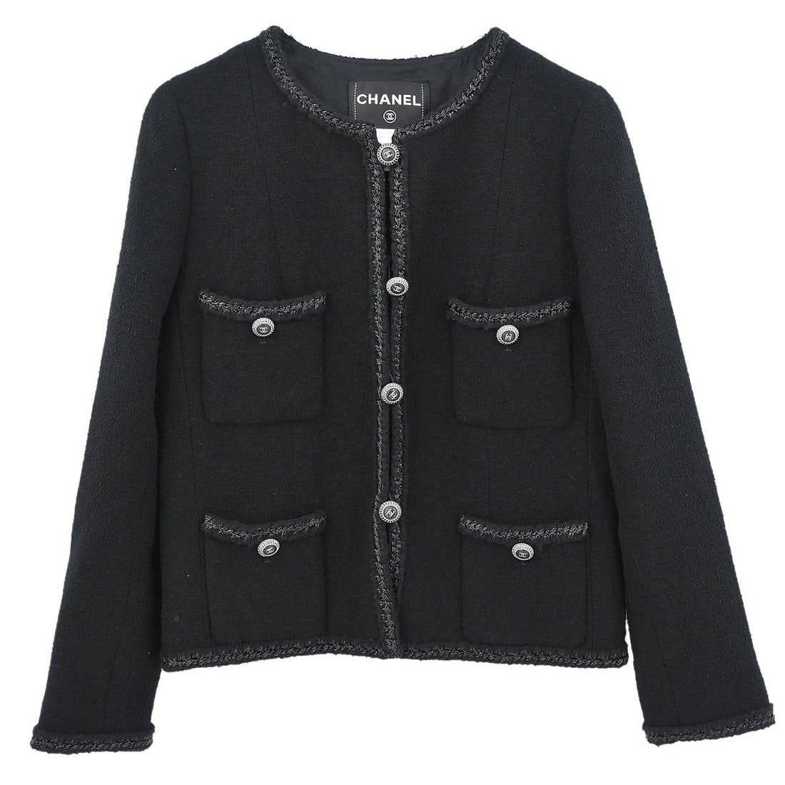 Chanel Black Single Breasted Jacket 08A Vintage Size 36: Chanel Black Single Breasted Jacket 08A Vintage Size 36 Elevate your wardrobe with this vintage Chanel single-breasted jacket in classic black. Crafted from a luxurious blend of 76% wool, 13% nylon, a