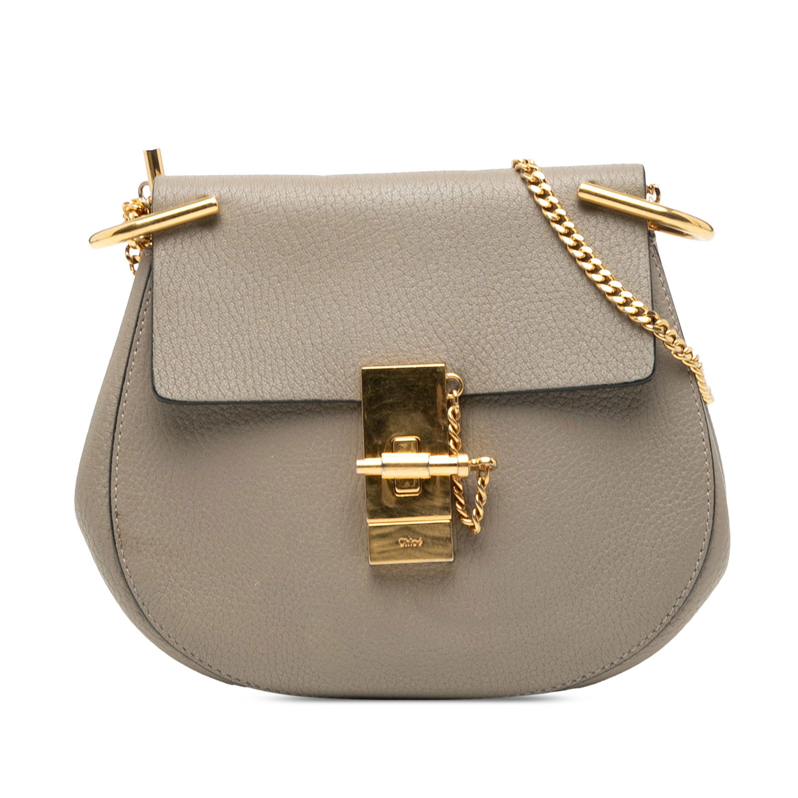 Chloe Drew Mini Brown Grained Lambskin Crossbody Bag with Chain Strap: Chloe Drew Mini Brown Grained Lambskin Crossbody Bag with Chain Strap This Chloe Mini Grained Lambskin Drew Crossbody features a brown leather body, a gold-toned chain strap, a top flap with a pin-loc
