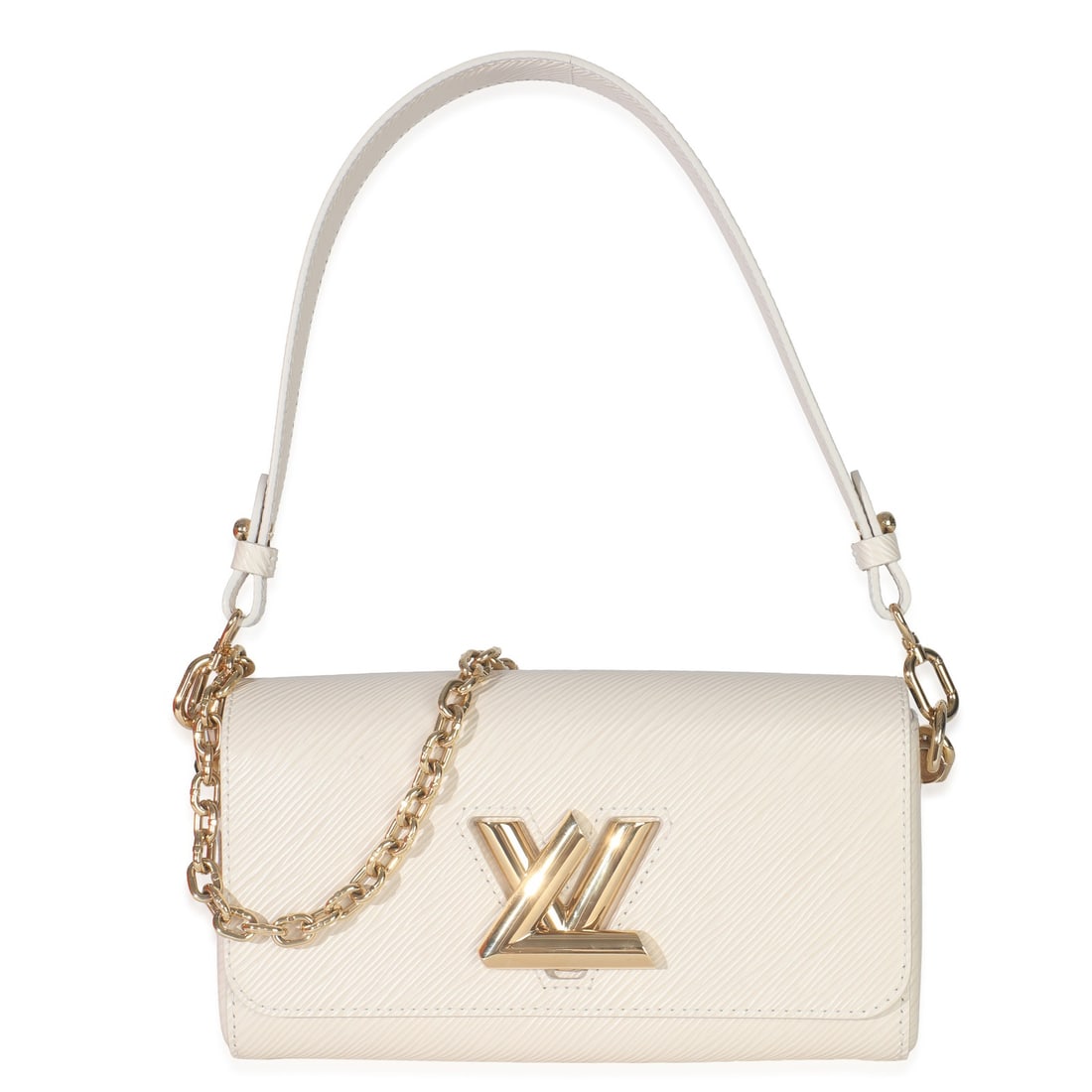 Twist West Beige Leather Shoulder Bag with Accessories by Louis Vuitton: Twist West Beige Leather Shoulder Bag with Accessories by Louis Vuitton The Louis Vuitton Quartz White Epi Twist West is a pre-owned shoulder bag crafted from beige leather with a gold-tone turnlock c