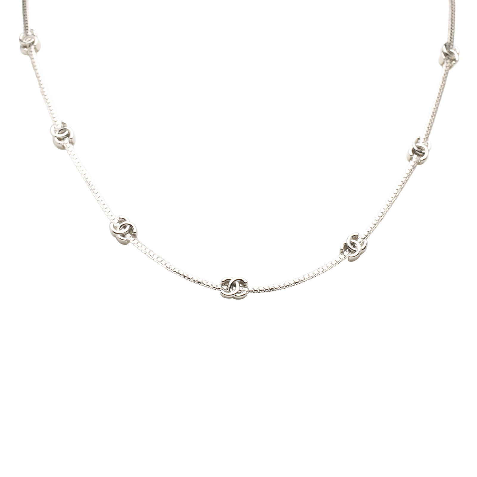 Chanel CC Logo Silver Tone Metal Station Necklace (1 of 7)