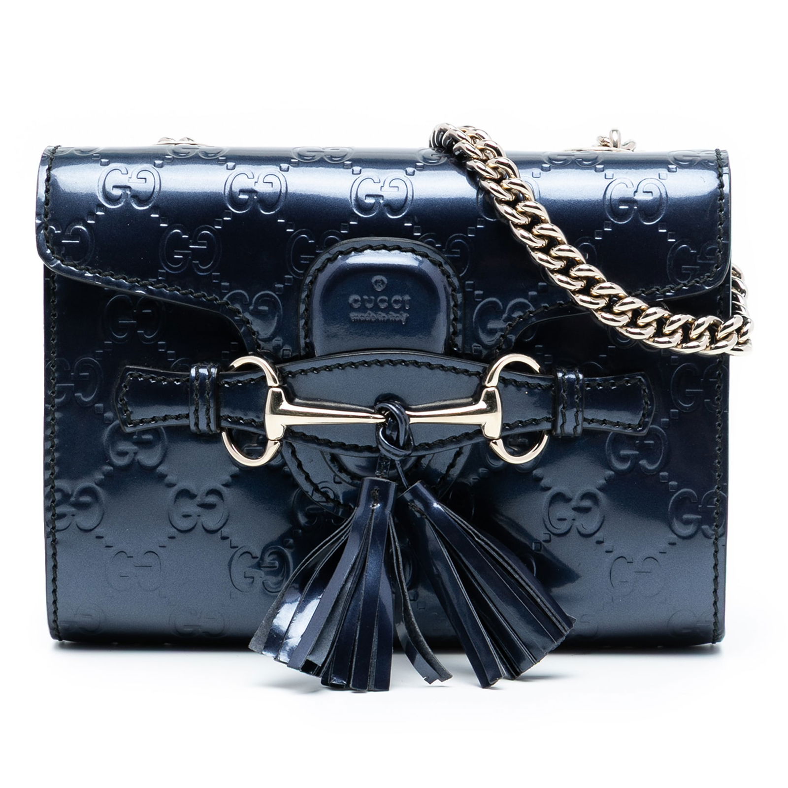 Gucci Mini Emily Patent Embossed Leather Crossbody Bag with Tassel Accent: Gucci Mini Emily Patent Embossed Leather Crossbody Bag with Tassel Accent This Mini Patent Guccissima Emily Crossbody features an embossed leather body in blue, a chain link strap with a leather guard
